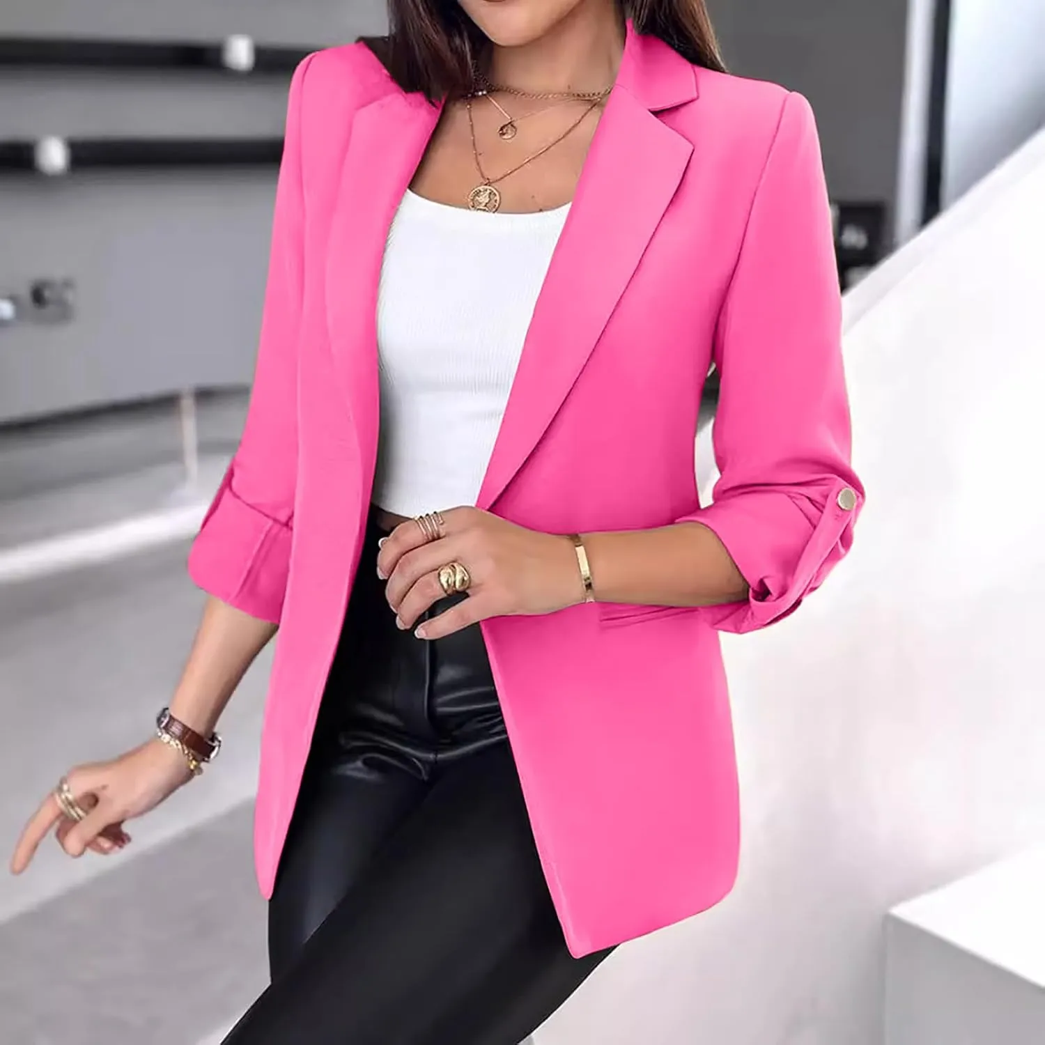 Womens Blazers for Work Casual 3/4 Sleeve Open Front Long Sleeve Suit Jacket Trendy Work Office Suit Blazer