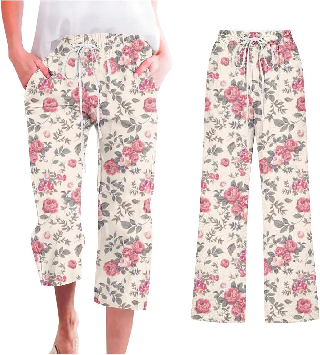 Womens Boho Floral Print Pants Casual Loose Fit Drawstring High Waist Capris Straight Leg Beach Cropped Trousers