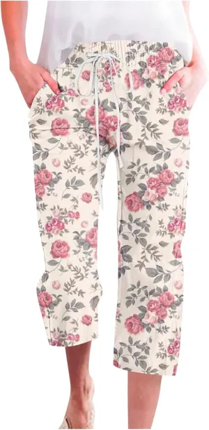 Womens Boho Floral Print Pants Casual Loose Fit Drawstring High Waist Capris Straight Leg Beach Cropped Trousers