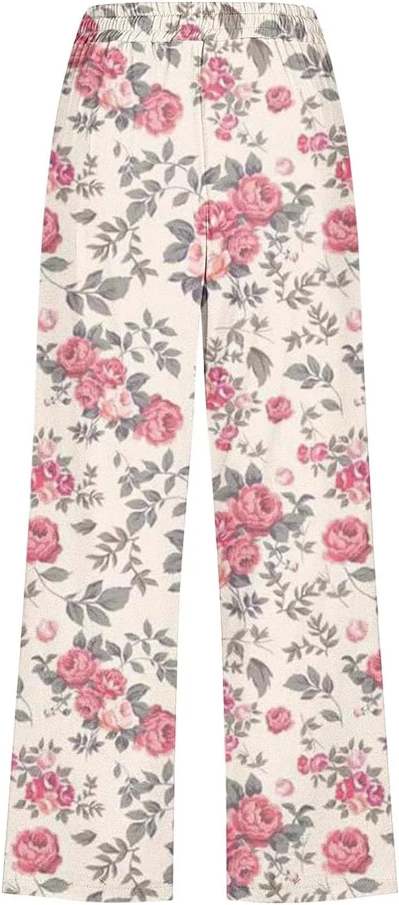 Womens Boho Floral Print Pants Casual Loose Fit Drawstring High Waist Capris Straight Leg Beach Cropped Trousers