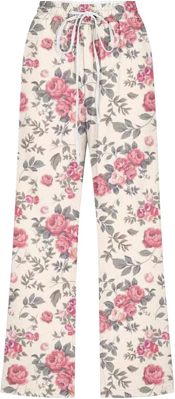 Womens Boho Floral Print Pants Casual Loose Fit Drawstring High Waist Capris Straight Leg Beach Cropped Trousers
