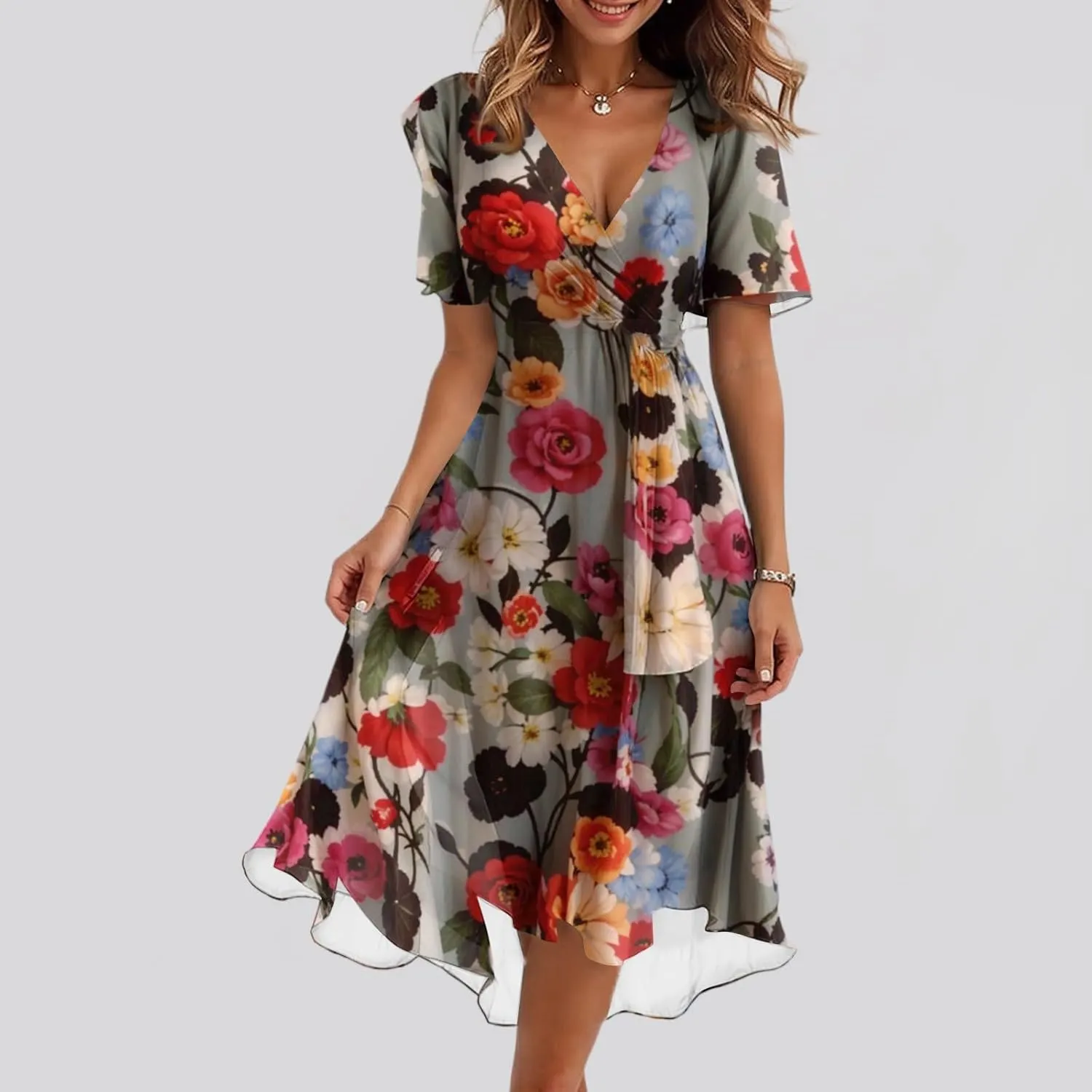 Womens Boho Floral Printed Summer Dresses 2025 Elegant V Neck Belted Summer Wedding Prom Cocktail Midi Dress