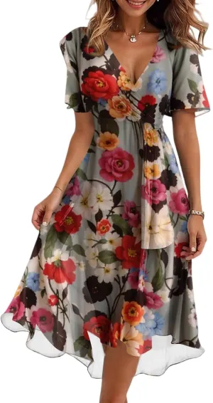 Womens Boho Floral Printed Summer Dresses 2025 Elegant V Neck Belted Summer Wedding Prom Cocktail Midi Dress