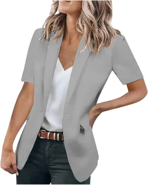 Women's Business Short Sleeve Blazer Jacket Casual Solid Open Front Tops Lapel Button Work Office Blazer Coat