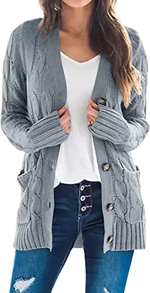 Womens Cable Knit Cotton Cardigan Sweaters Button V Neck Open Front Midi Sweater Jacket Winter Chunky Sweater Coat