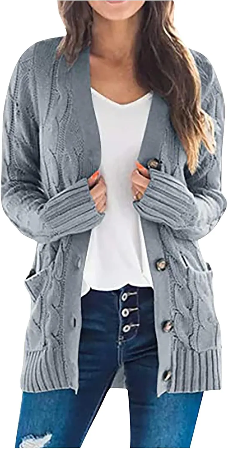 Womens Cable Knit Cotton Cardigan Sweaters Button V Neck Open Front Midi Sweater Jacket Winter Chunky Sweater Coat