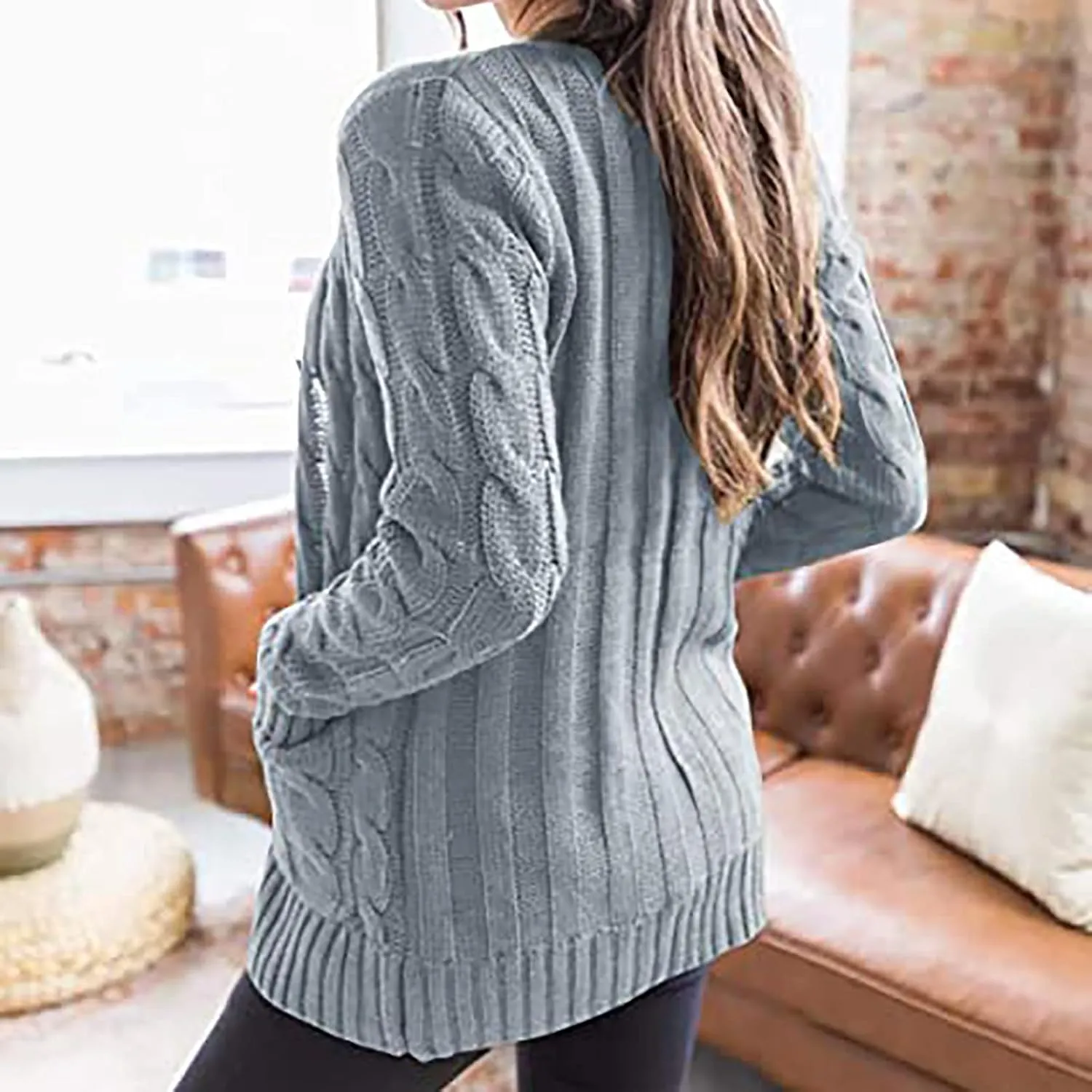 Womens Cable Knit Cotton Cardigan Sweaters Button V Neck Open Front Midi Sweater Jacket Winter Chunky Sweater Coat