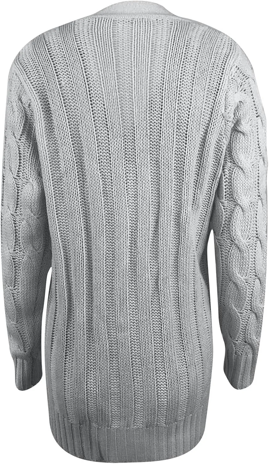 Womens Cable Knit Cotton Cardigan Sweaters Button V Neck Open Front Midi Sweater Jacket Winter Chunky Sweater Coat