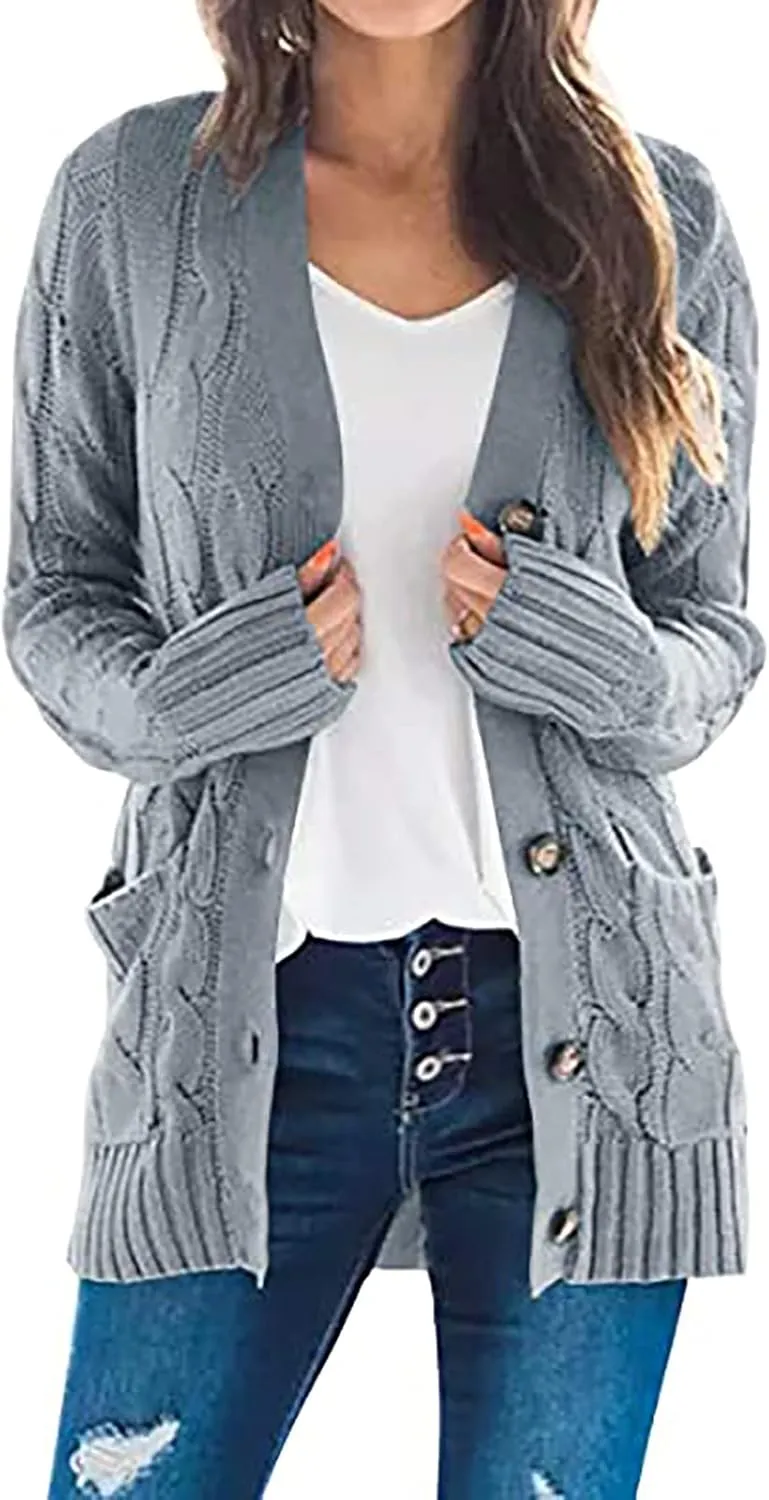 Womens Cable Knit Cotton Cardigan Sweaters Button V Neck Open Front Midi Sweater Jacket Winter Chunky Sweater Coat