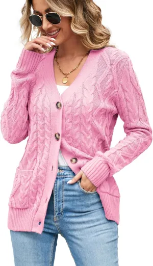 Women's Cable Knit Open Front Button Down Cardigan Sweater Long Sleeve Chunky Fall Sweater Outwear