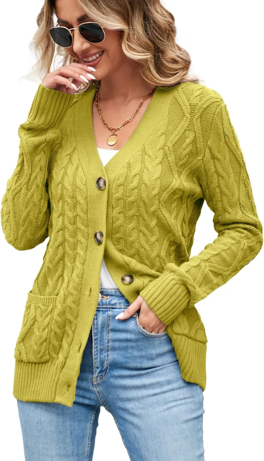 Women's Cable Knit Open Front Button Down Cardigan Sweater Long Sleeve Chunky Fall Sweater Outwear