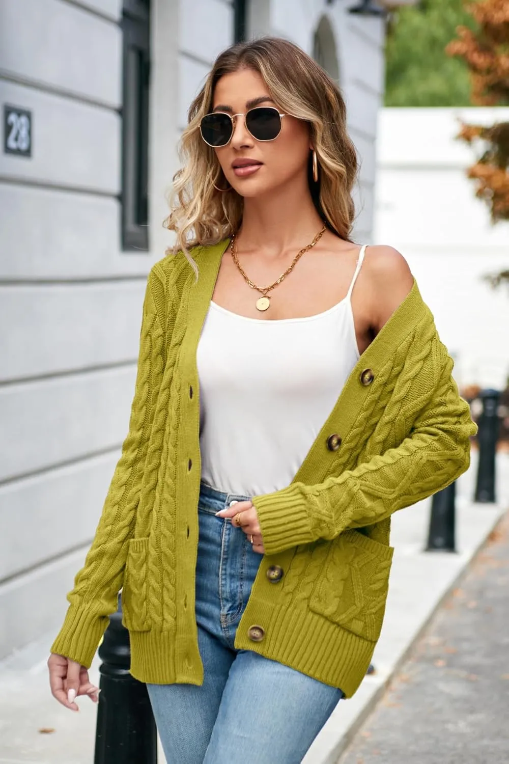 Women's Cable Knit Open Front Button Down Cardigan Sweater Long Sleeve Chunky Fall Sweater Outwear