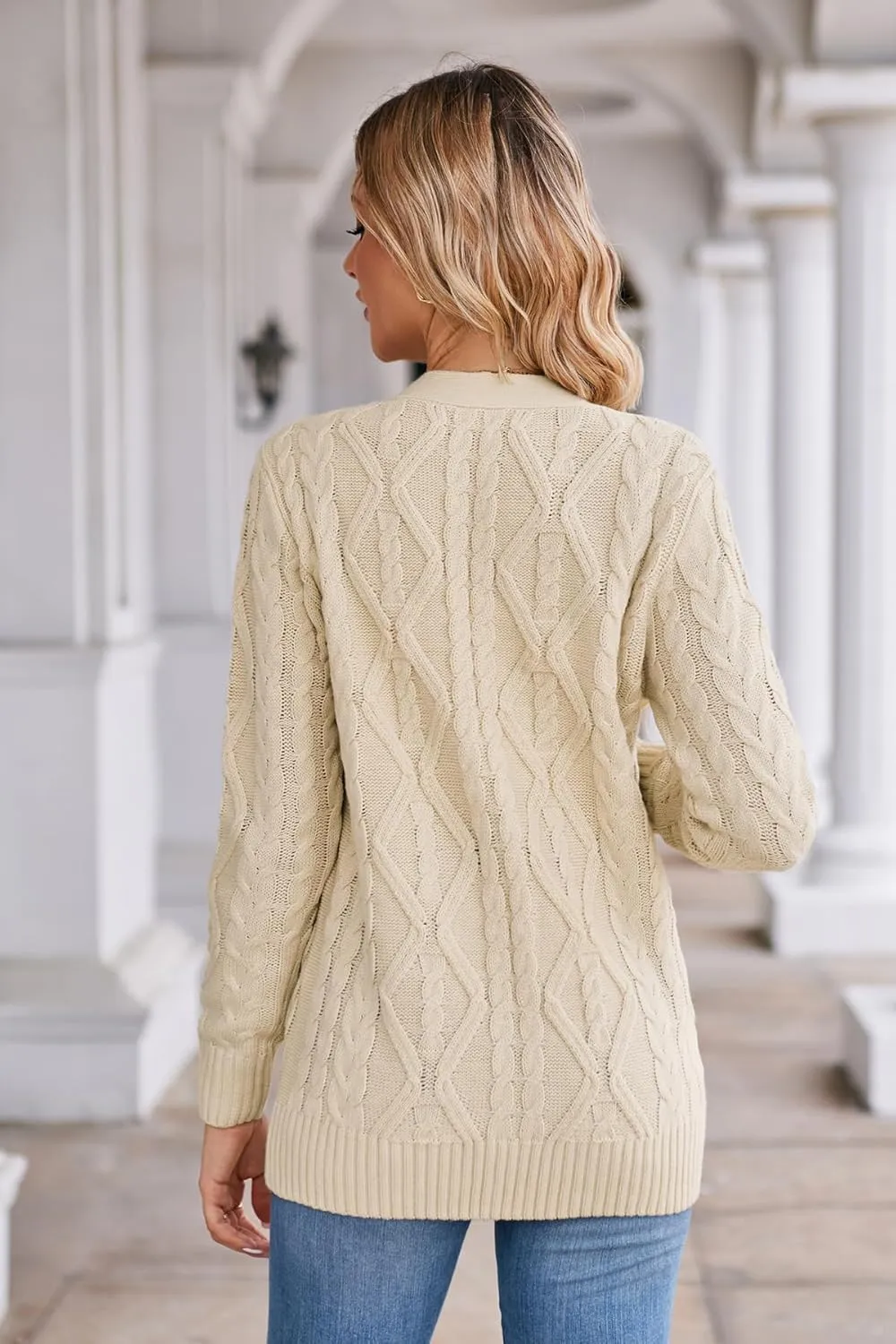 Women's Cable Knit Open Front Button Down Cardigan Sweater Long Sleeve Chunky Fall Sweater Outwear