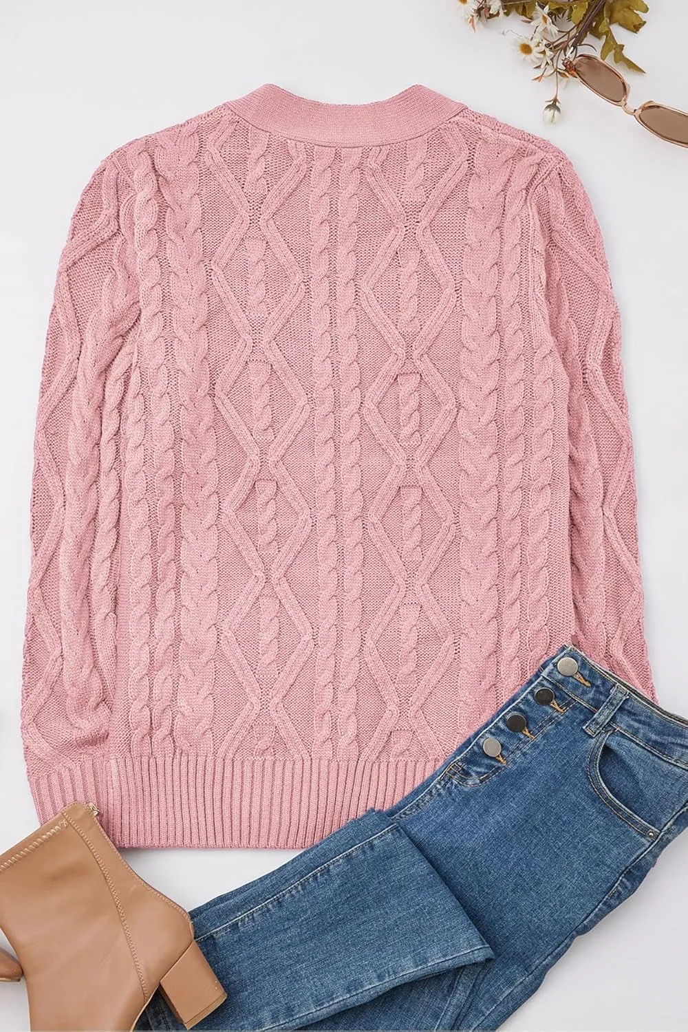 Women's Cable Knit Open Front Button Down Cardigan Sweater Long Sleeve Chunky Fall Sweater Outwear