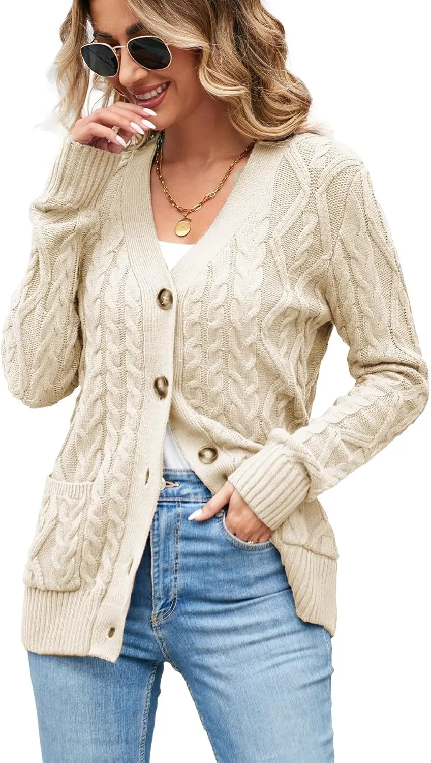 Women's Cable Knit Open Front Button Down Cardigan Sweater Long Sleeve Chunky Fall Sweater Outwear