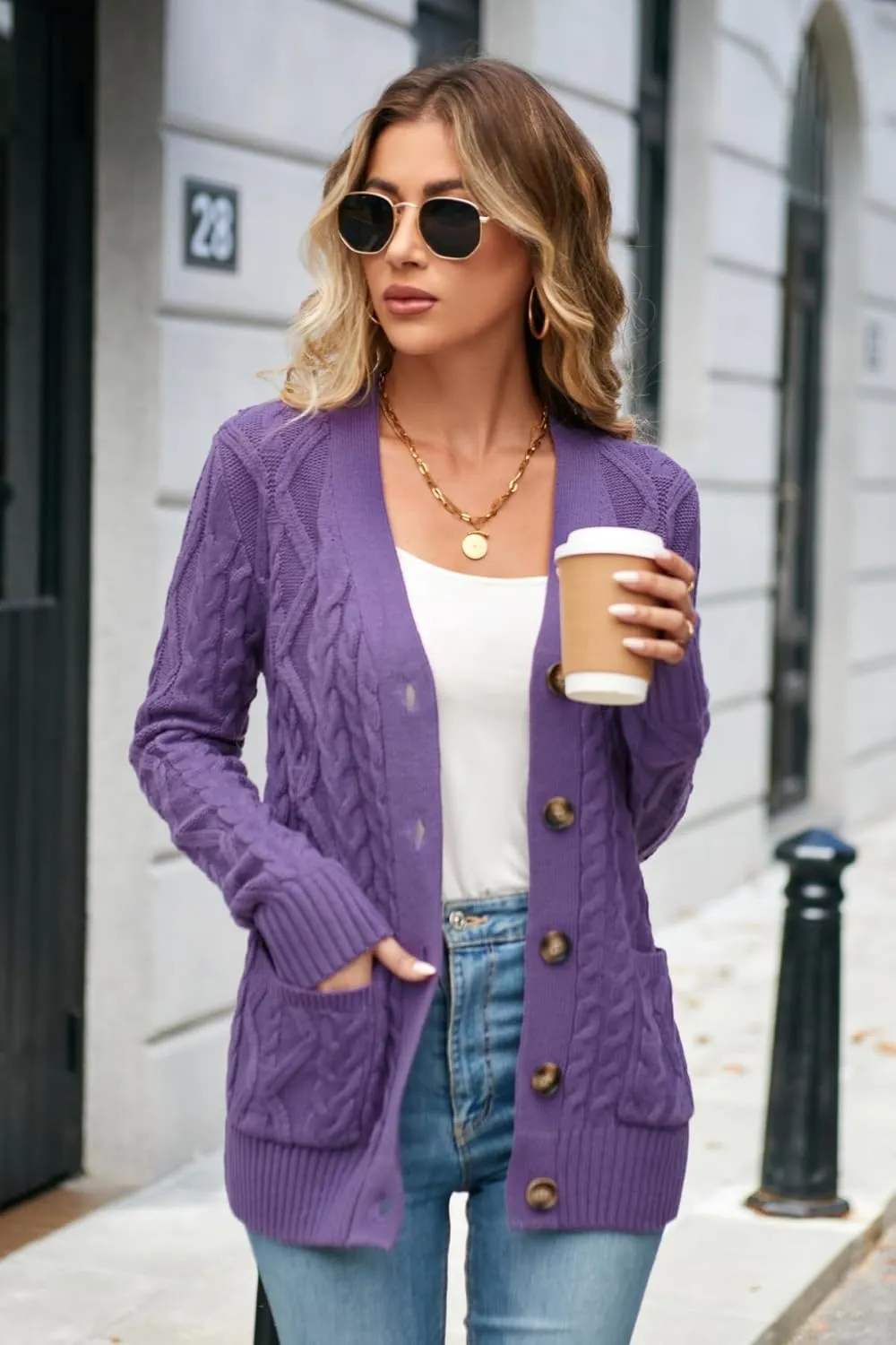 Women's Cable Knit Open Front Button Down Cardigan Sweater Long Sleeve Chunky Fall Sweater Outwear