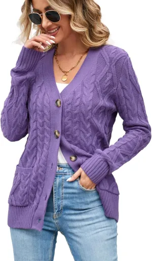 Women's Cable Knit Open Front Button Down Cardigan Sweater Long Sleeve Chunky Fall Sweater Outwear