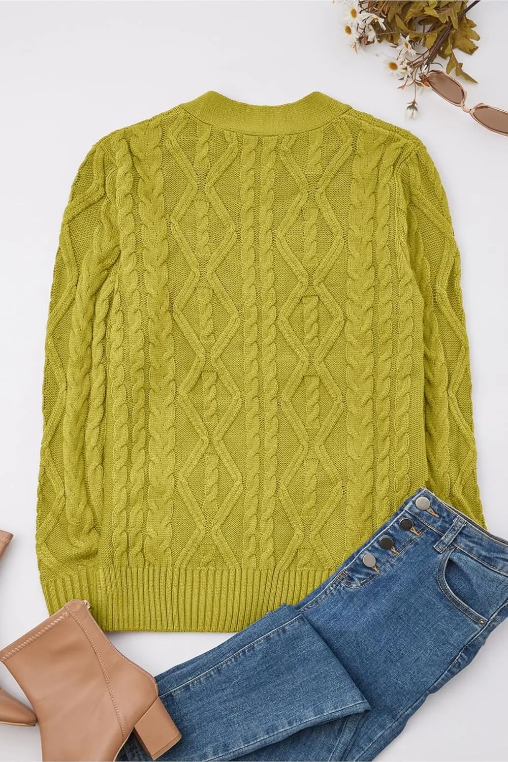Women's Cable Knit Open Front Button Down Cardigan Sweater Long Sleeve Chunky Fall Sweater Outwear