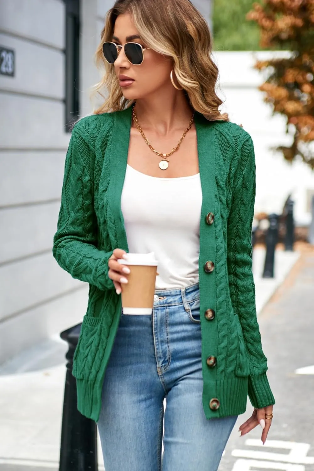 Women's Cable Knit Open Front Button Down Cardigan Sweater Long Sleeve Chunky Fall Sweater Outwear
