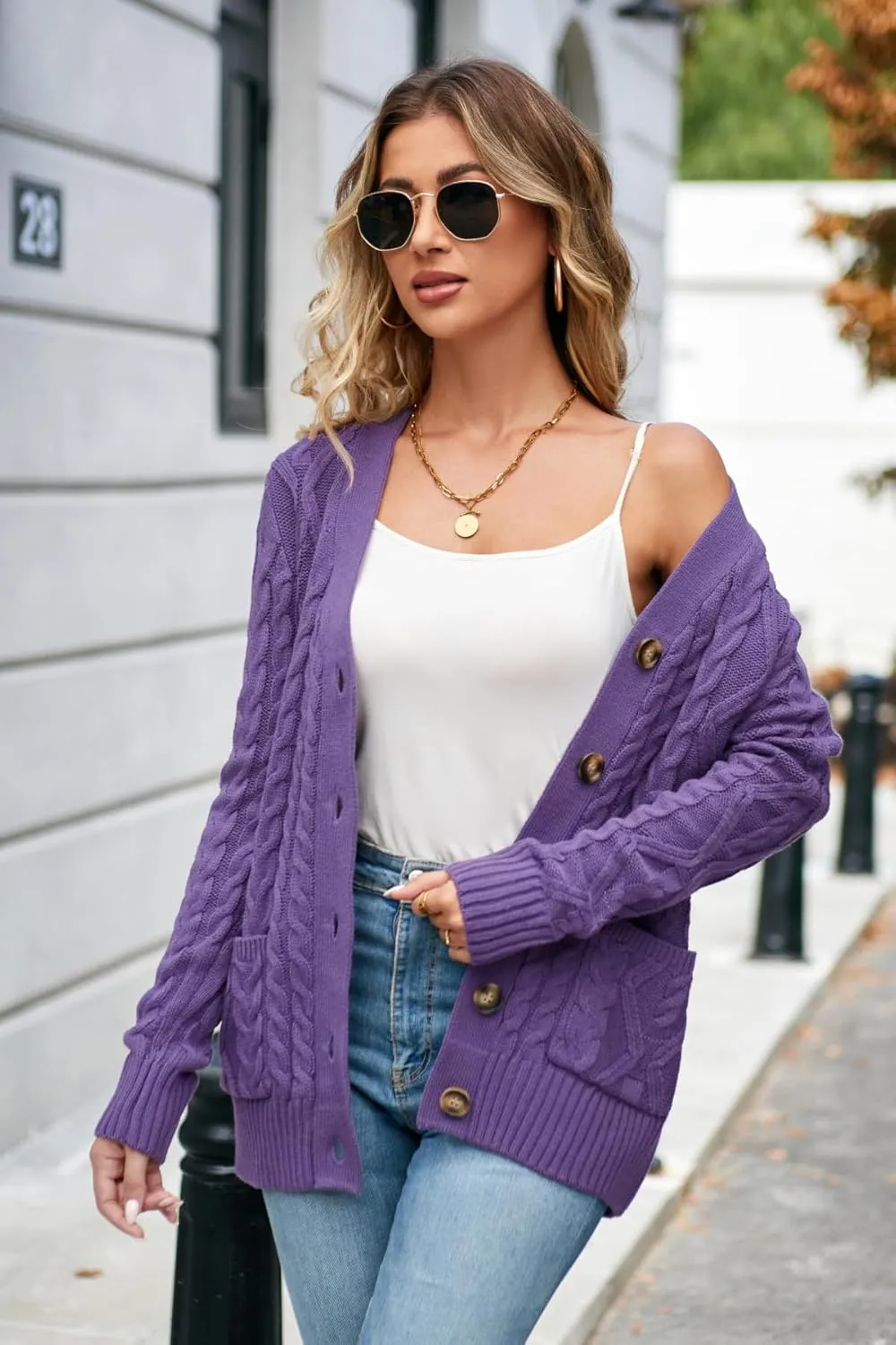Women's Cable Knit Open Front Button Down Cardigan Sweater Long Sleeve Chunky Fall Sweater Outwear