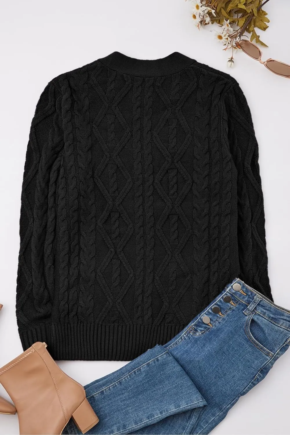 Women's Cable Knit Open Front Button Down Cardigan Sweater Long Sleeve Chunky Fall Sweater Outwear