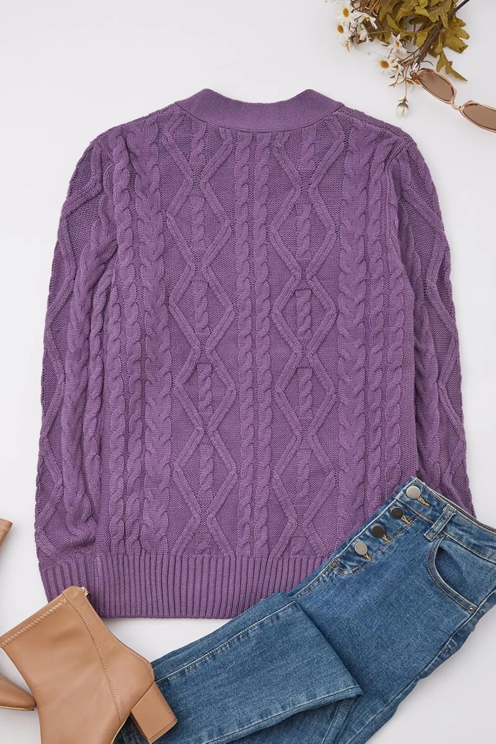 Women's Cable Knit Open Front Button Down Cardigan Sweater Long Sleeve Chunky Fall Sweater Outwear