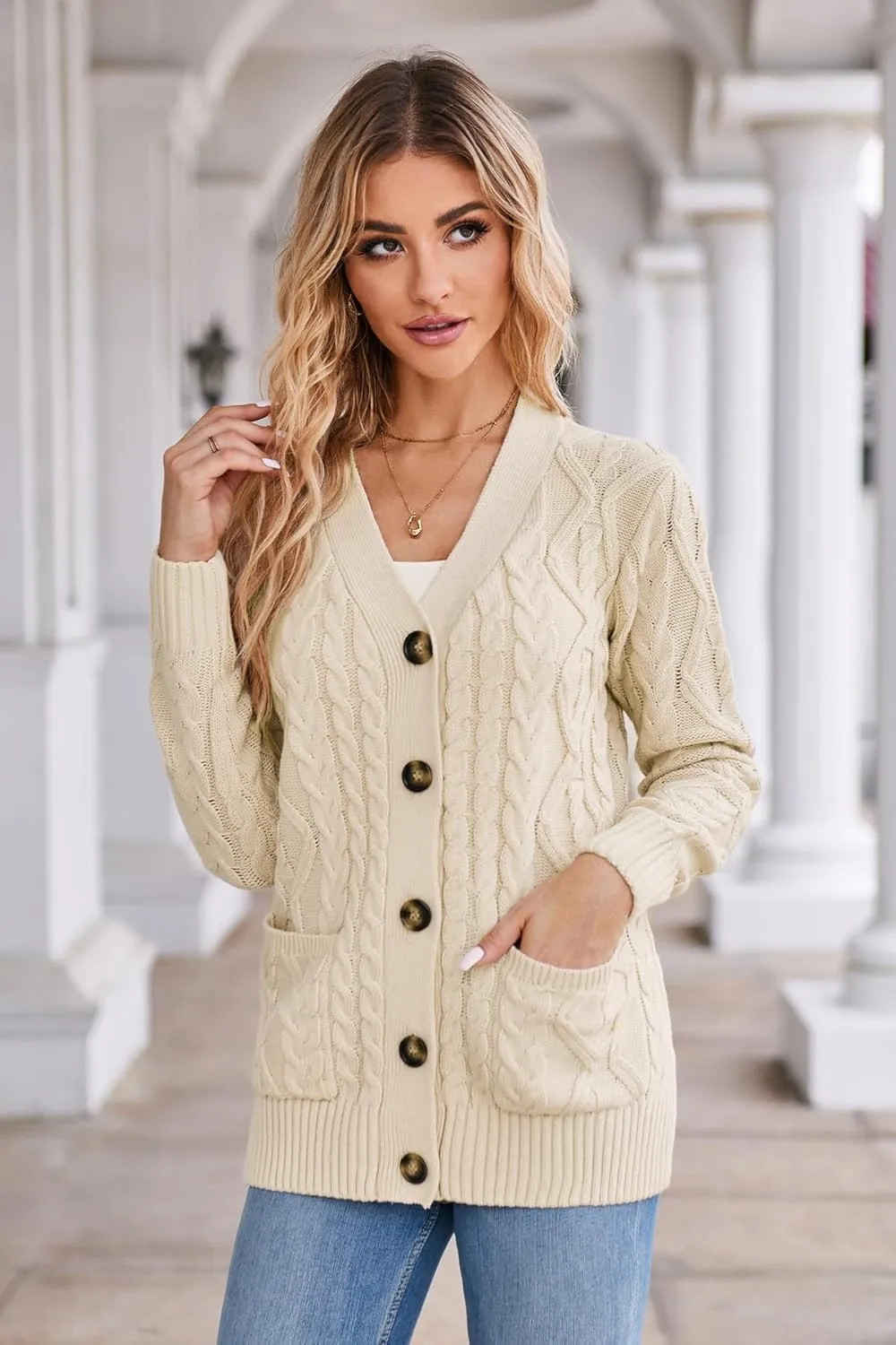 Women's Cable Knit Open Front Button Down Cardigan Sweater Long Sleeve Chunky Fall Sweater Outwear