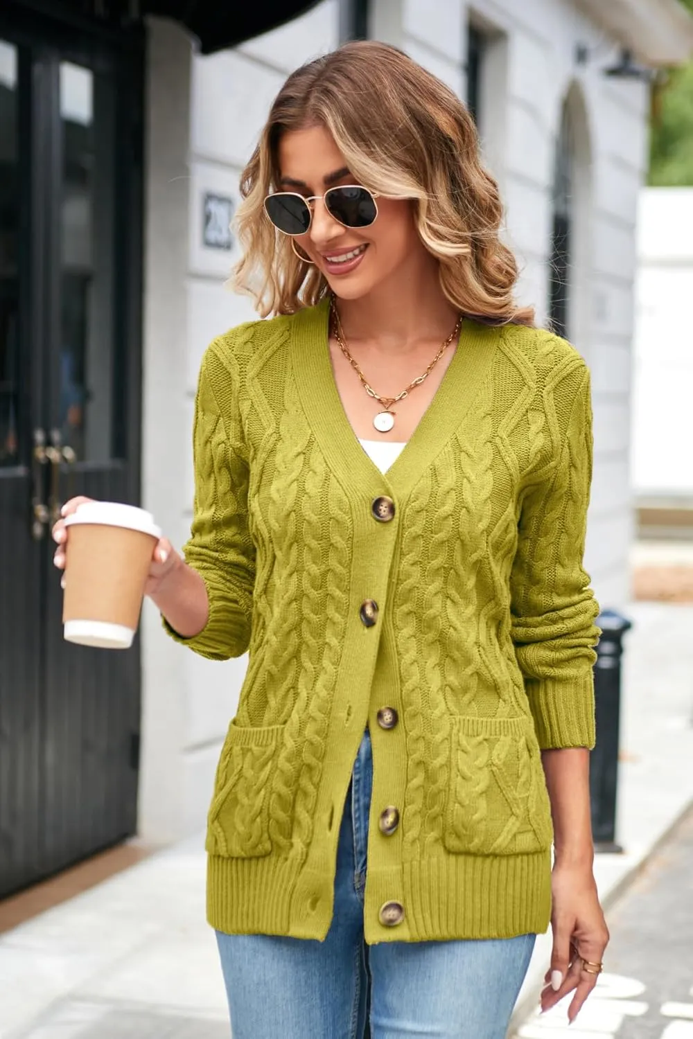 Women's Cable Knit Open Front Button Down Cardigan Sweater Long Sleeve Chunky Fall Sweater Outwear