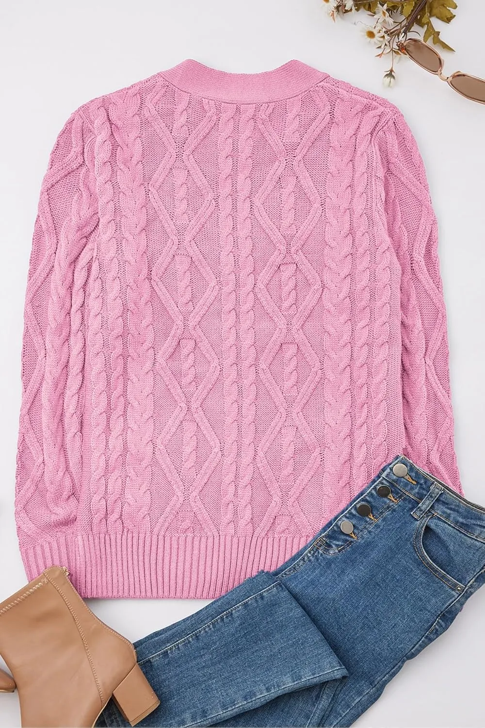 Women's Cable Knit Open Front Button Down Cardigan Sweater Long Sleeve Chunky Fall Sweater Outwear