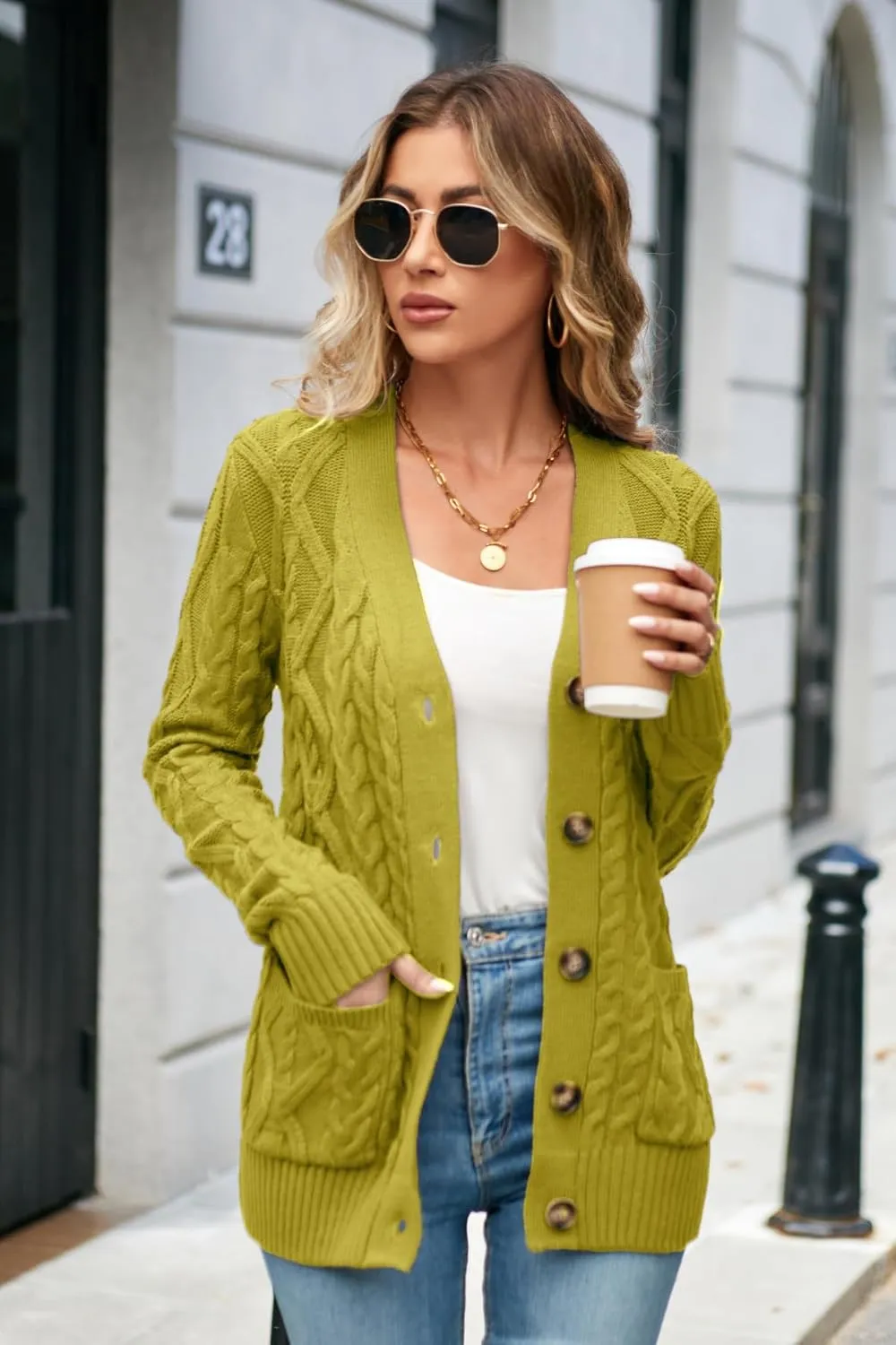 Women's Cable Knit Open Front Button Down Cardigan Sweater Long Sleeve Chunky Fall Sweater Outwear