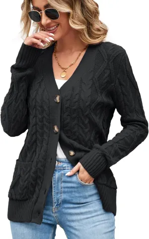 Women's Cable Knit Open Front Button Down Cardigan Sweater Long Sleeve Chunky Fall Sweater Outwear
