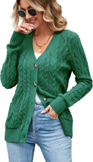 Women's Cable Knit Open Front Button Down Cardigan Sweater Long Sleeve Chunky Fall Sweater Outwear