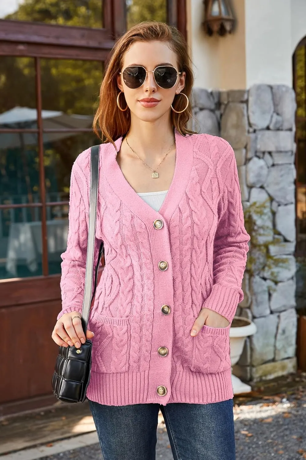Women's Cable Knit Open Front Button Down Cardigan Sweater Long Sleeve Chunky Fall Sweater Outwear