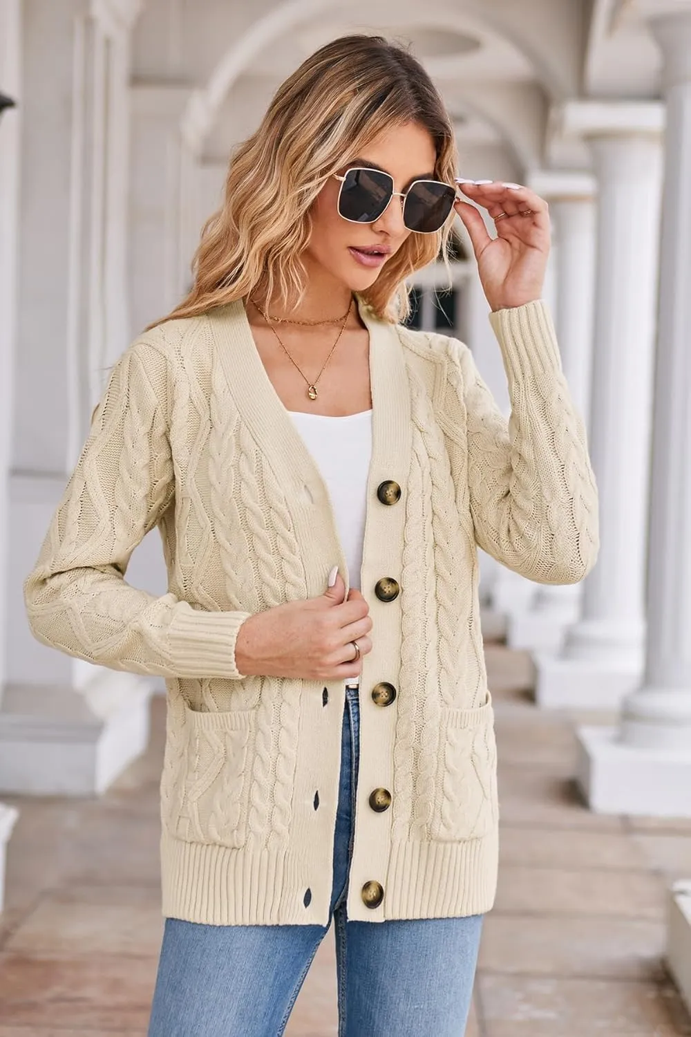 Women's Cable Knit Open Front Button Down Cardigan Sweater Long Sleeve Chunky Fall Sweater Outwear