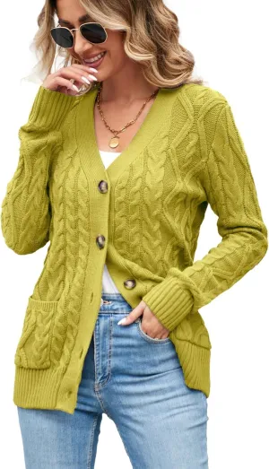 Women's Cable Knit Open Front Button Down Cardigan Sweater Long Sleeve Chunky Fall Sweater Outwear