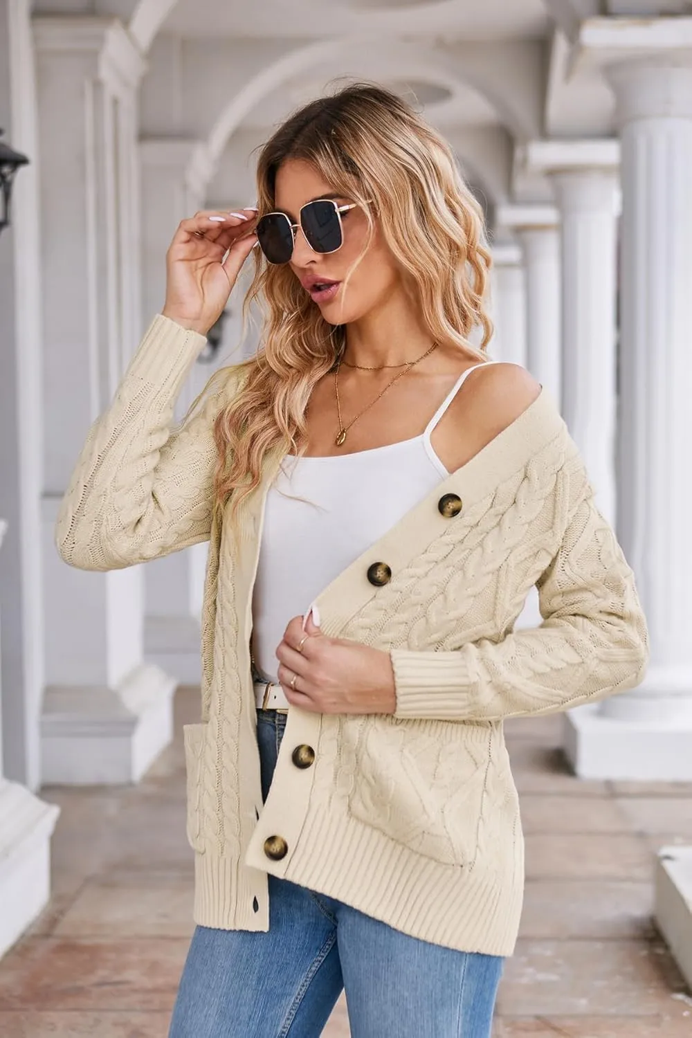 Women's Cable Knit Open Front Button Down Cardigan Sweater Long Sleeve Chunky Fall Sweater Outwear