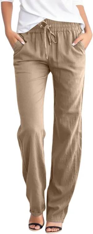 Women's Casual Cotton Linen Pants Lightweight Summer Relax Fit Elastic Waist Straight Leg Comfy Solid Trouser with Pockets