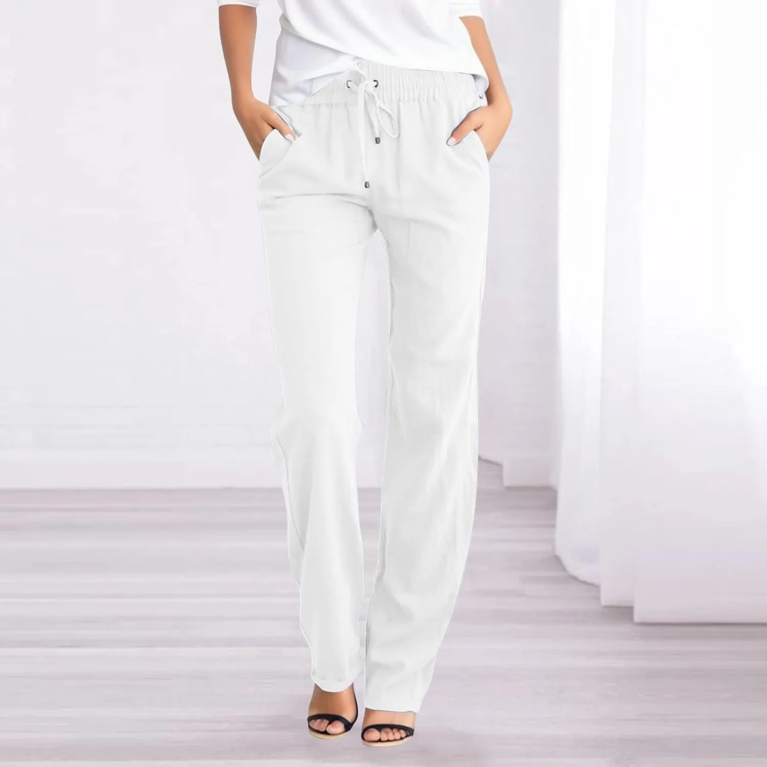 Women's Casual Cotton Linen Pants Lightweight Summer Relax Fit Elastic Waist Straight Leg Comfy Solid Trouser with Pockets