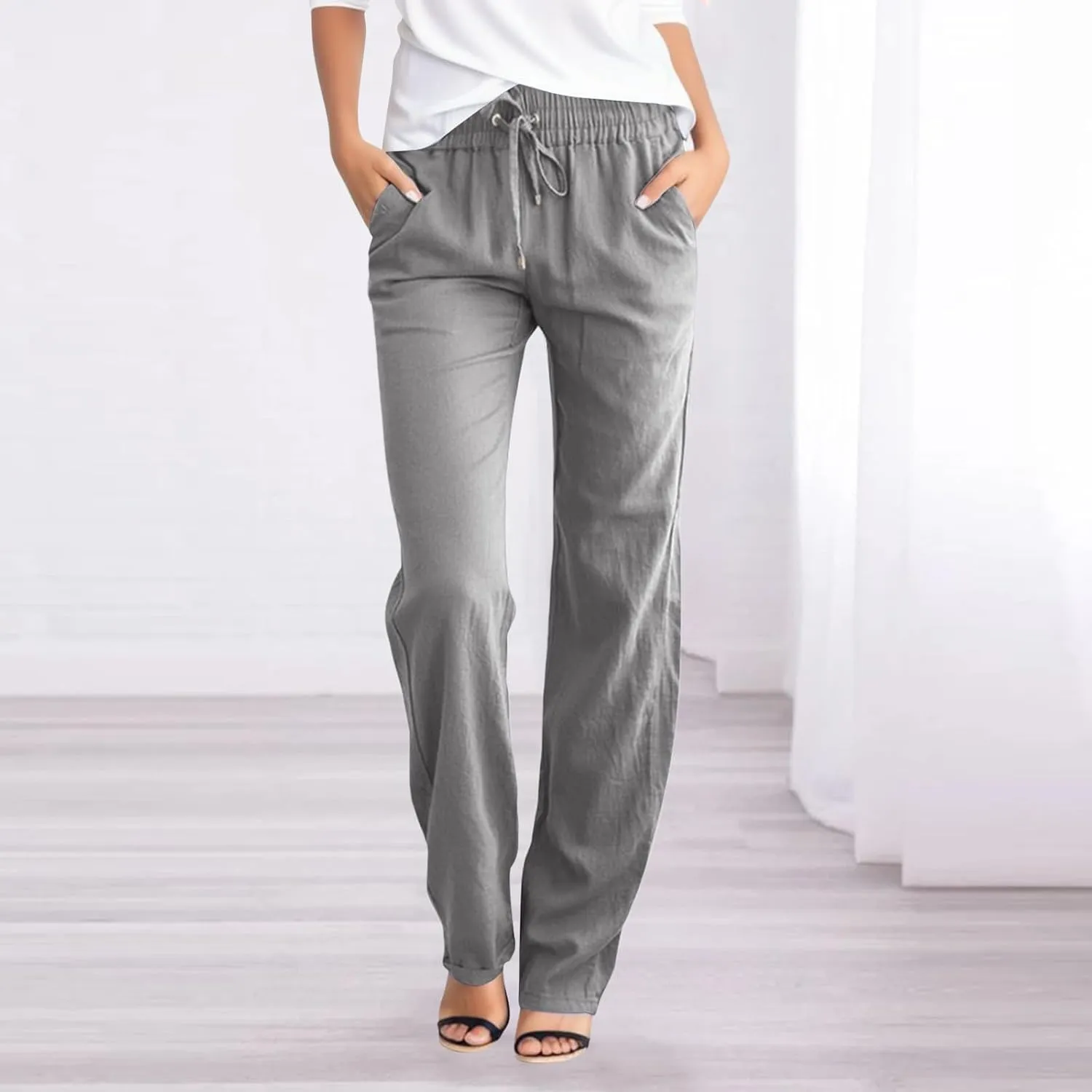 Women's Casual Cotton Linen Pants Lightweight Summer Relax Fit Elastic Waist Straight Leg Comfy Solid Trouser with Pockets
