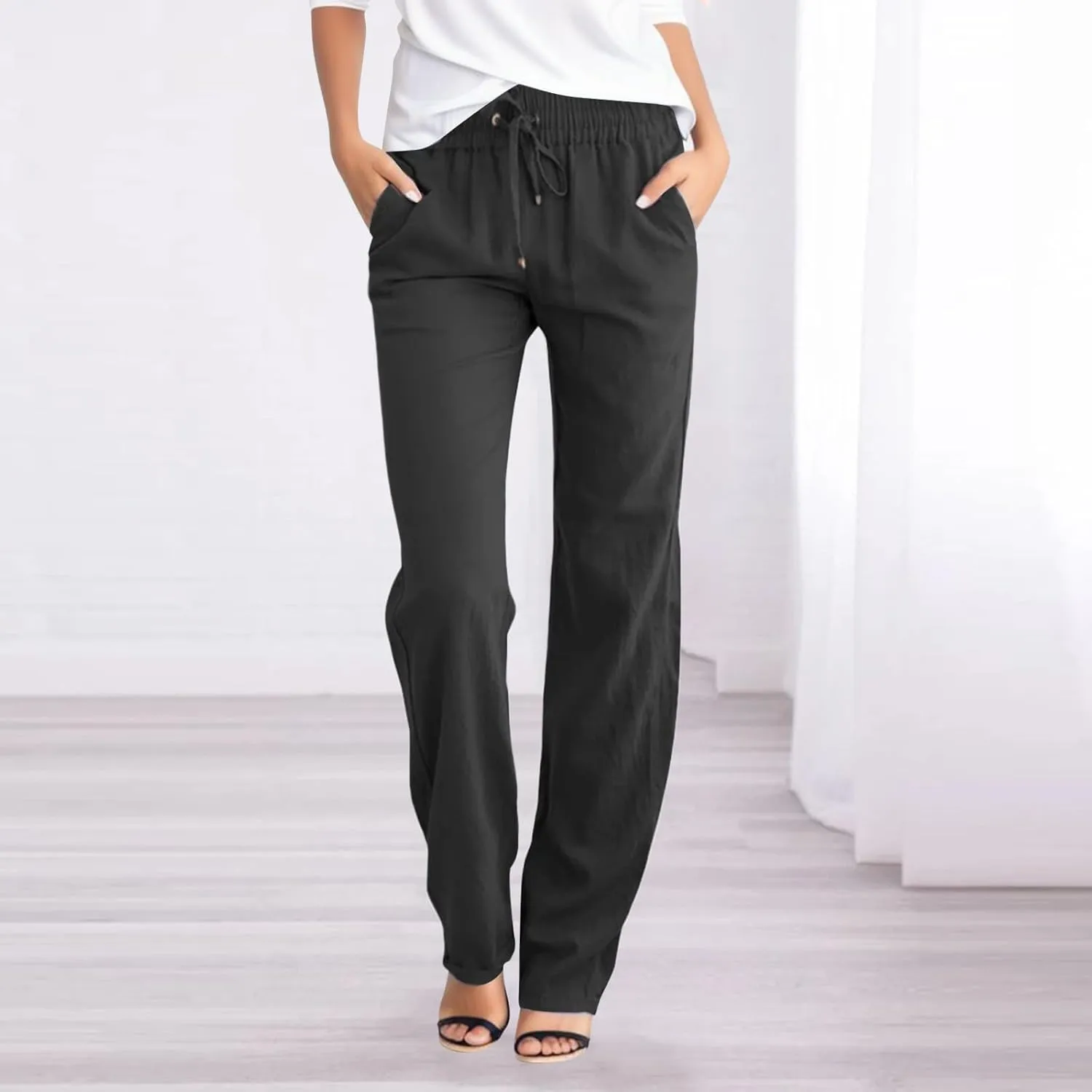 Women's Casual Cotton Linen Pants Lightweight Summer Relax Fit Elastic Waist Straight Leg Comfy Solid Trouser with Pockets