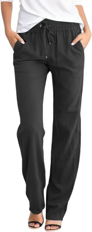 Women's Casual Cotton Linen Pants Lightweight Summer Relax Fit Elastic Waist Straight Leg Comfy Solid Trouser with Pockets