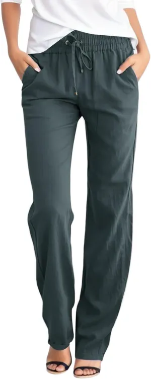 Women's Casual Cotton Linen Pants Lightweight Summer Relax Fit Elastic Waist Straight Leg Comfy Solid Trouser with Pockets