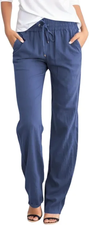 Women's Casual Cotton Linen Pants Lightweight Summer Relax Fit Elastic Waist Straight Leg Comfy Solid Trouser with Pockets