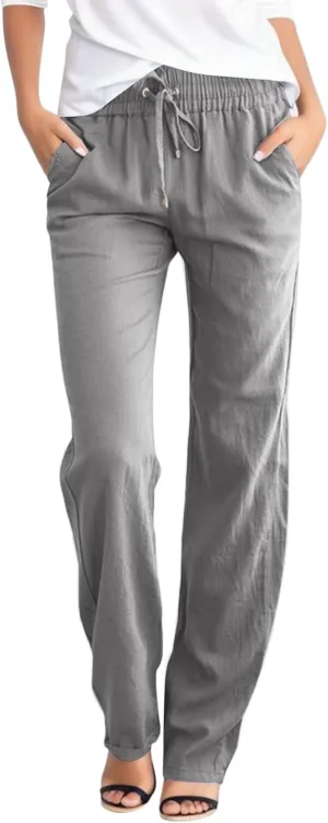 Women's Casual Cotton Linen Pants Lightweight Summer Relax Fit Elastic Waist Straight Leg Comfy Solid Trouser with Pockets