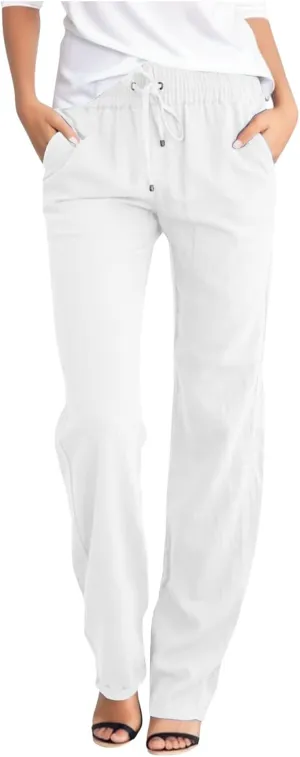Women's Casual Cotton Linen Pants Lightweight Summer Relax Fit Elastic Waist Straight Leg Comfy Solid Trouser with Pockets