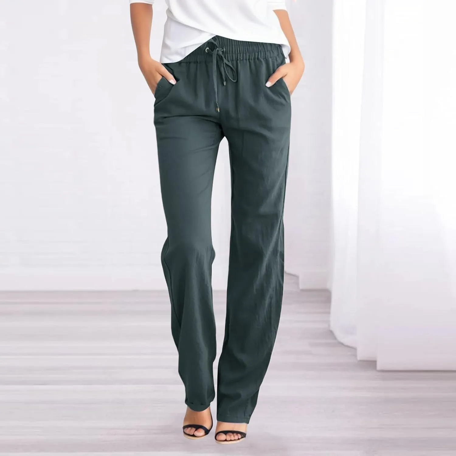 Women's Casual Cotton Linen Pants Lightweight Summer Relax Fit Elastic Waist Straight Leg Comfy Solid Trouser with Pockets