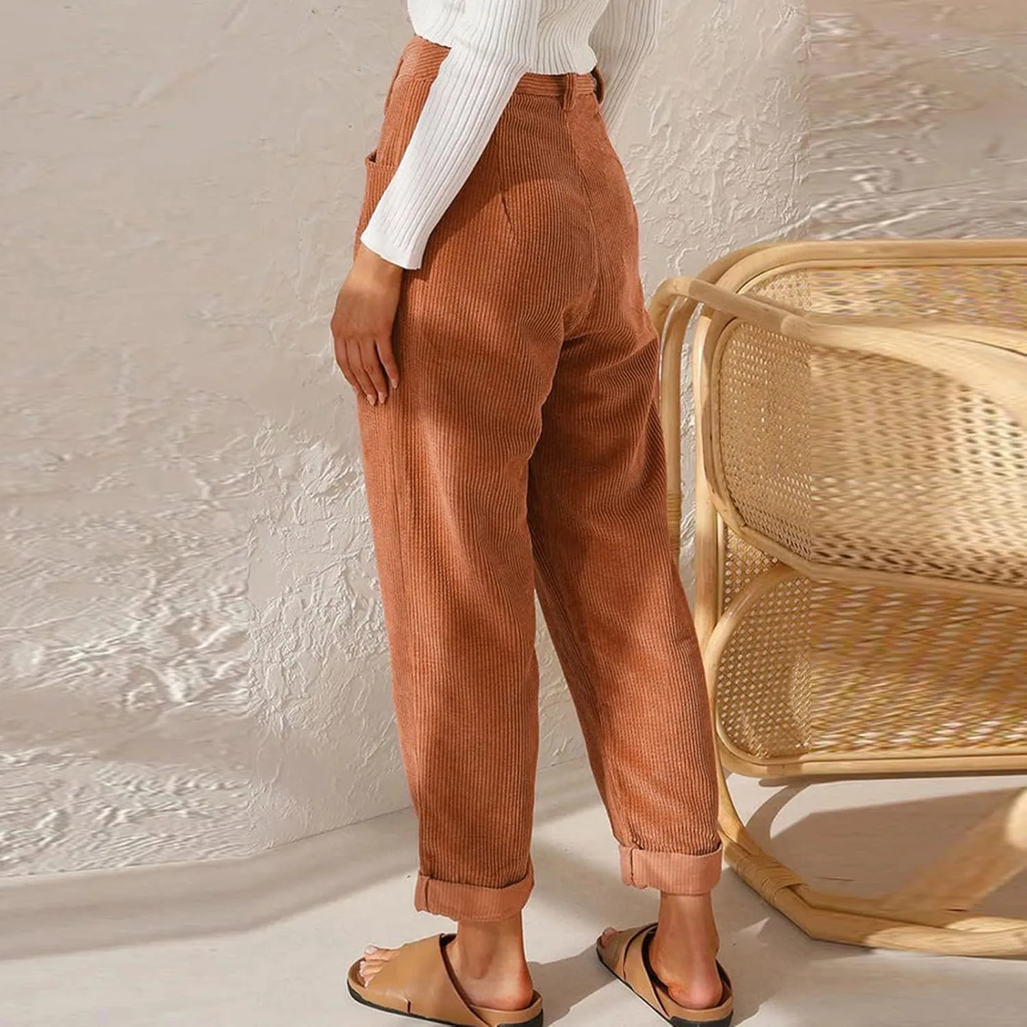 Womens Corduroy Pants Casual Button High Waisted Pants Stretchy Straight Leg Pants Wide Leg Lounge Pants with Pockets
