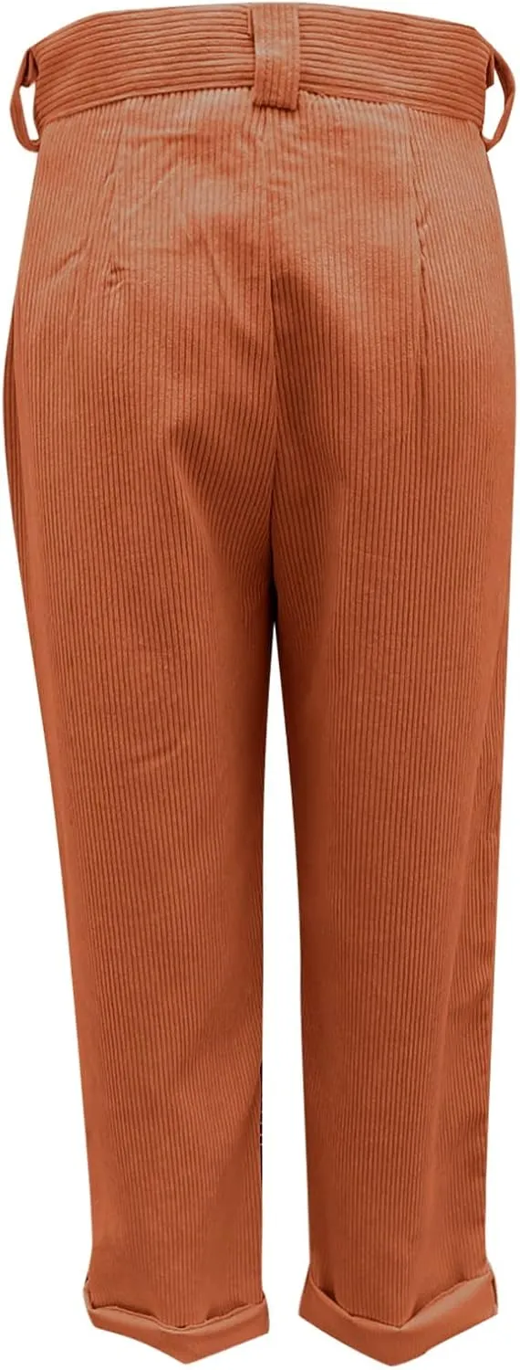 Womens Corduroy Pants Casual Button High Waisted Pants Stretchy Straight Leg Pants Wide Leg Lounge Pants with Pockets