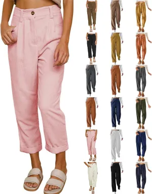 Womens Corduroy Pants Casual Button High Waisted Pants Stretchy Straight Leg Pants Wide Leg Lounge Pants with Pockets