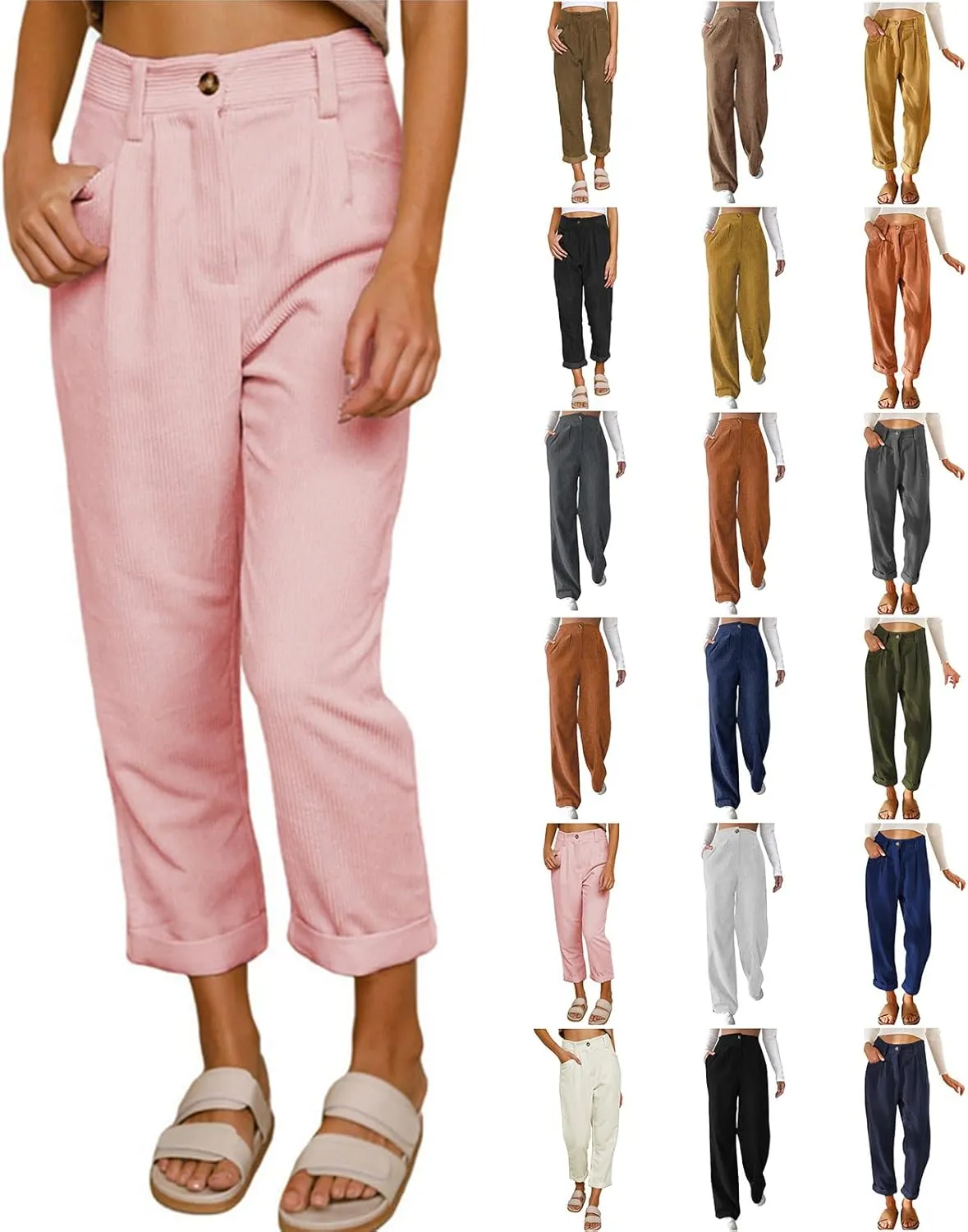 Womens Corduroy Pants Casual Button High Waisted Pants Stretchy Straight Leg Pants Wide Leg Lounge Pants with Pockets